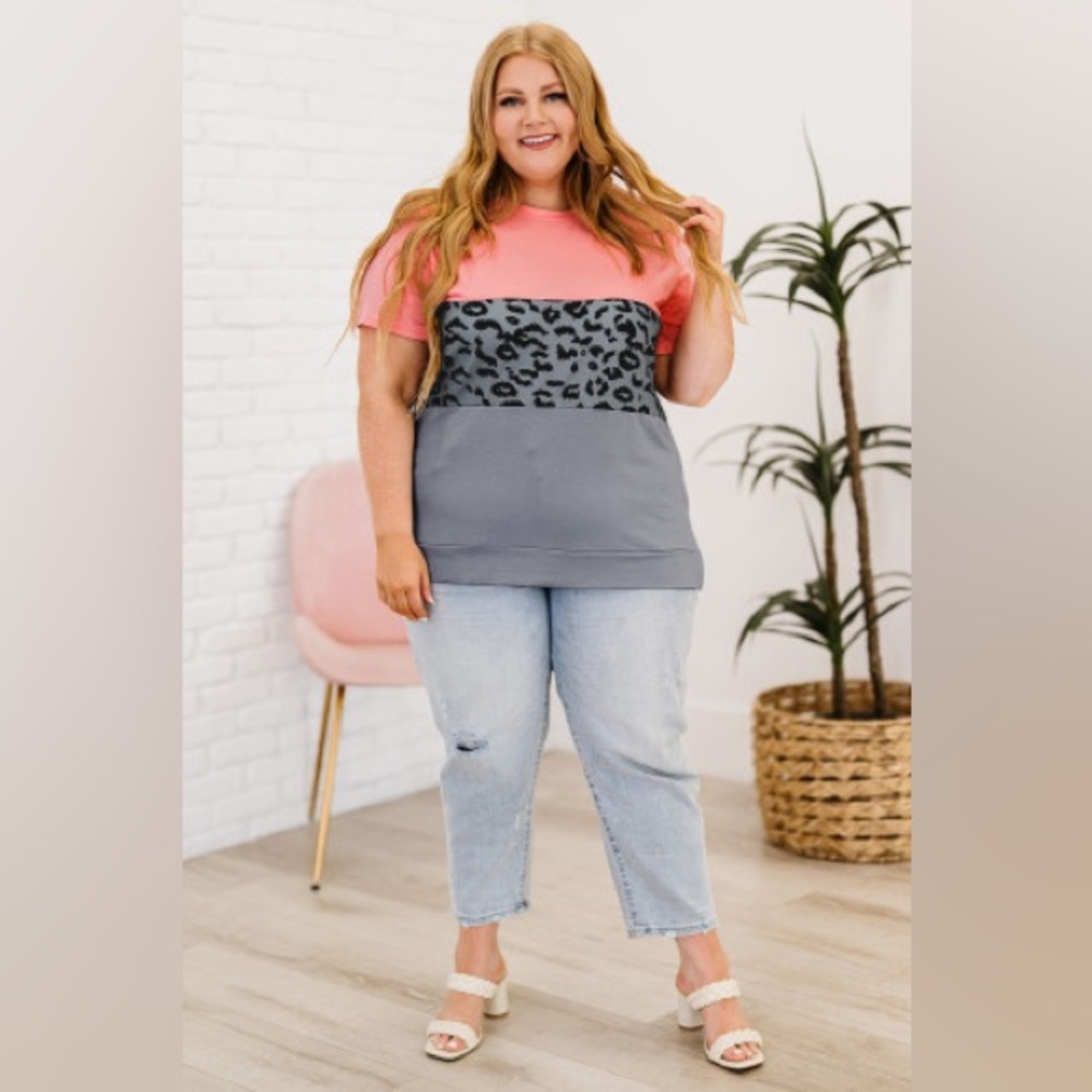 Pink Accent Colorblock Leopard Top